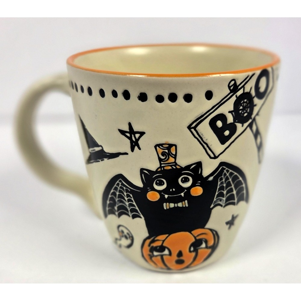Eli + Ana Halloween Bat Pumpkin Coffee Mug Cream Orange New Hand Painted Ceramic